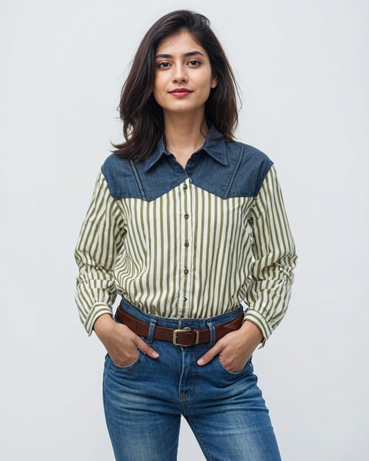 Cotton Shirt with Denim Detailing – Navy Blue (Bust Size 38 to 46)
