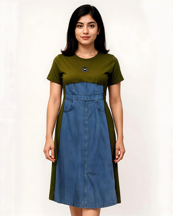 Denim Tunic – Pink & Olive | Knee-Length, Casual Chic