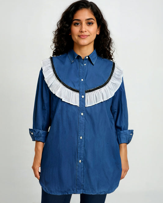 Long Summer Shirt – Blue with White Contrast (M to XXL) | Unique Limited Edition
