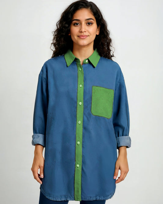 Long Full Sleeve Women’s Shirt – Blue with Pink & Green Contrast (M to XXL) | Limited Edition