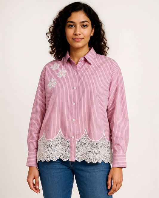 Elegant White & Pink Women’s Shirt – Full Sleeves (M to XXL) | Premium Limited Edition