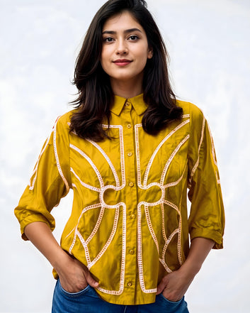 Elegant Embroidered Shirt – Pink, Mustard & Black (M to 2XL)