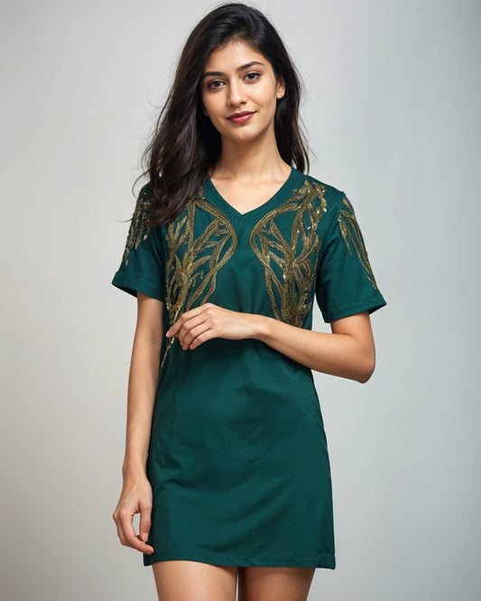 Designer Short Tunic in Banana Crepe with Swarovski Work – Green, Red & Black (Bust Size 36 to 44)