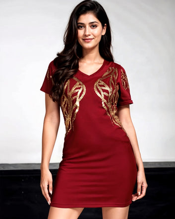 Designer Short Tunic in Banana Crepe with Swarovski Work – Green, Red & Black (Bust Size 36 to 44)