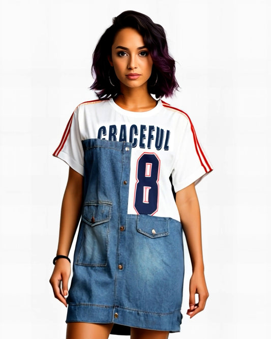 Trendy Short Denim Tunic – Red, White & Black (S to 3XL)