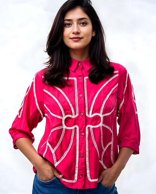 Elegant Embroidered Shirt – Pink, Mustard & Black (M to 2XL)