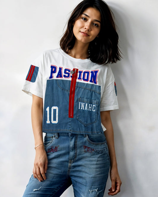 Denim Detailing T Shirt Top