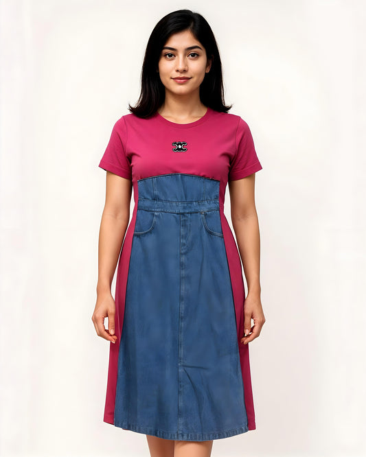 Denim Tunic – Pink & Olive | Knee-Length, Casual Chic
