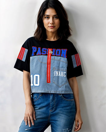 Denim Detailing T Shirt Top