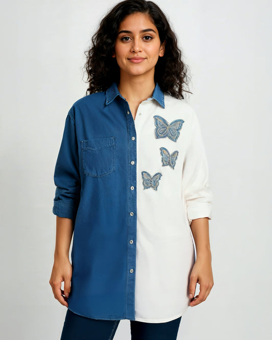 Butterfly Spirit Long Shirt for Women – Full Sleeves (Blue & White, Blue & Green, Blue & Black) | M to XXL