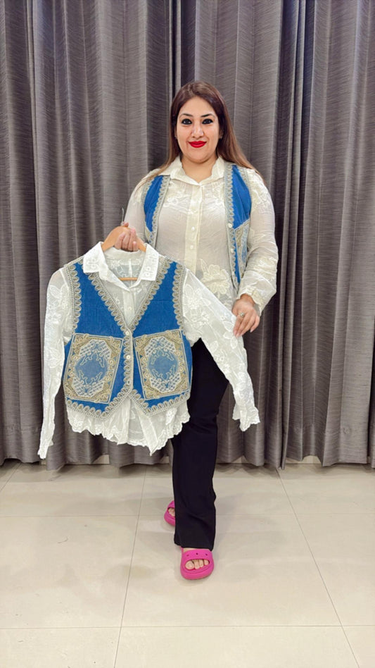Hakuba Chicken Print Shirt with Cotton Jacket – Blue | Mul Cotton Fabric