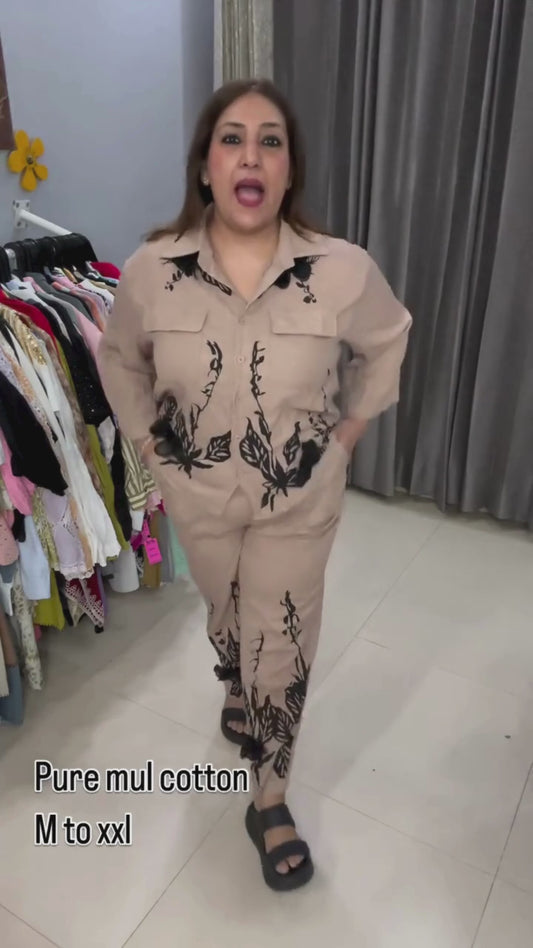 Pure Mul Cotton Co-ord Set with 3D Butterfly Detailing – Ice Blue & Dark Beige (Free Size M to XXL)